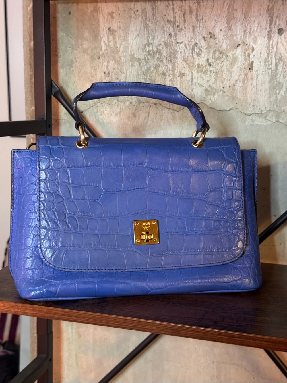 MCM Blue Croc-Embossed Top Handle Bag w Crossbody Strap - LIKE NEW!